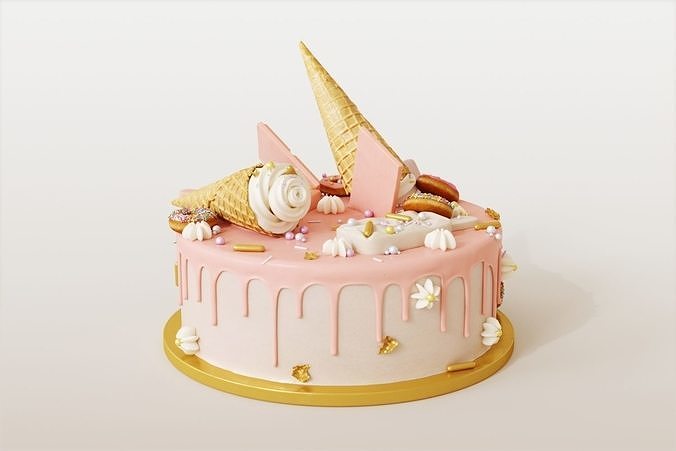 Birthday cake with donuts and ice cream cone 3D model 3