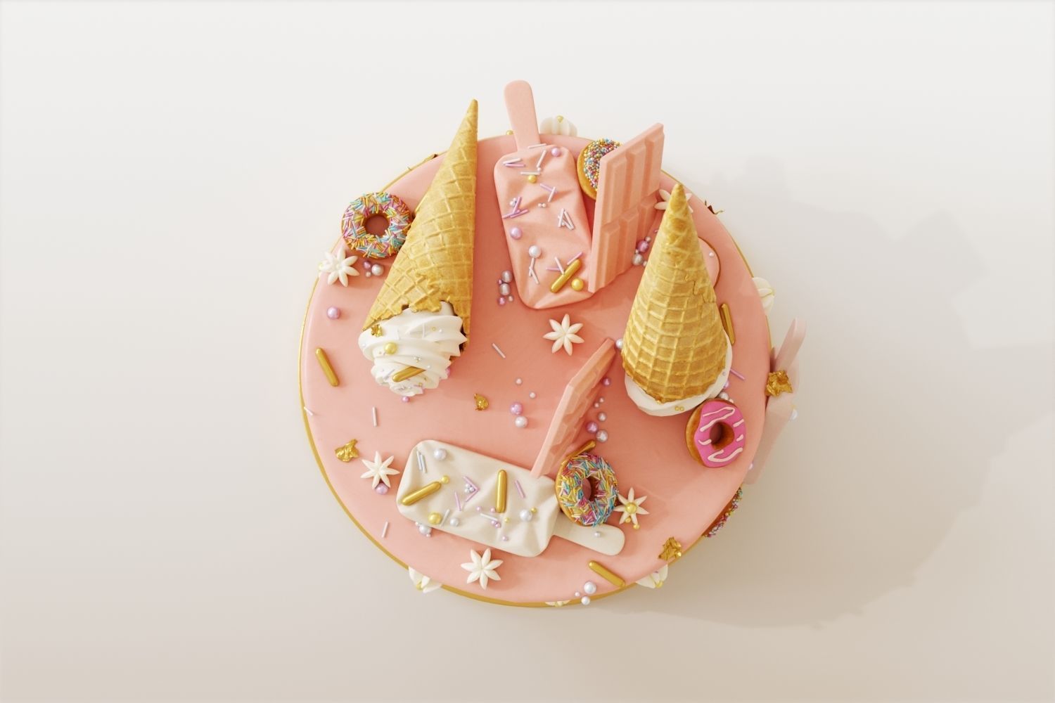 Birthday cake with donuts and ice cream cone 3D model_5