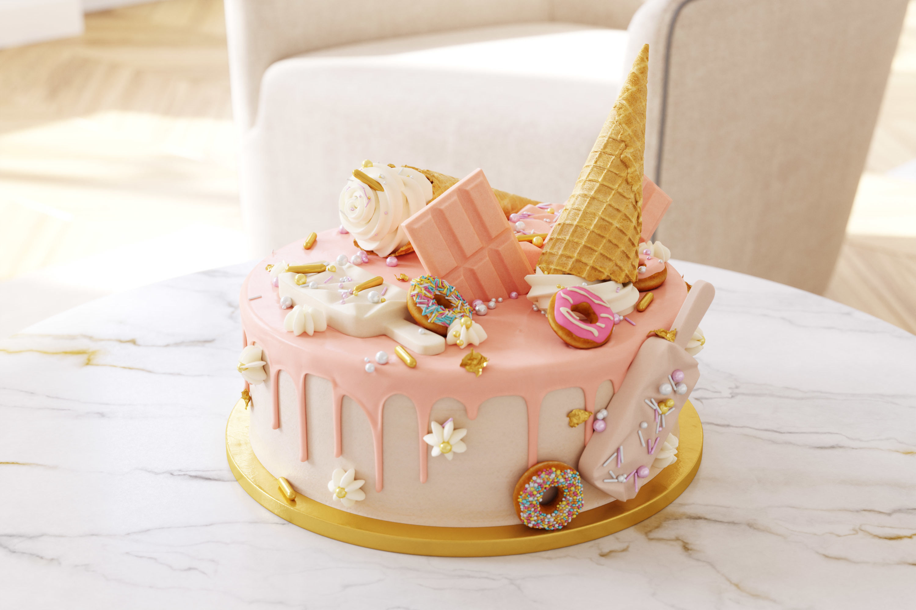 Birthday cake with donuts and ice cream cone 3D model_0