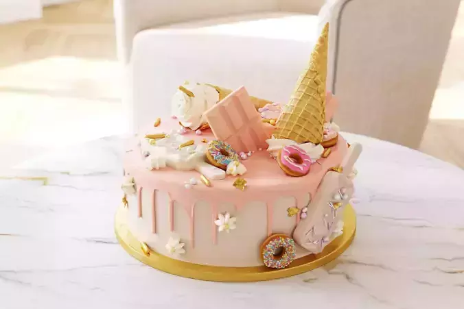 Birthday cake with donuts and ice cream cone 3D model