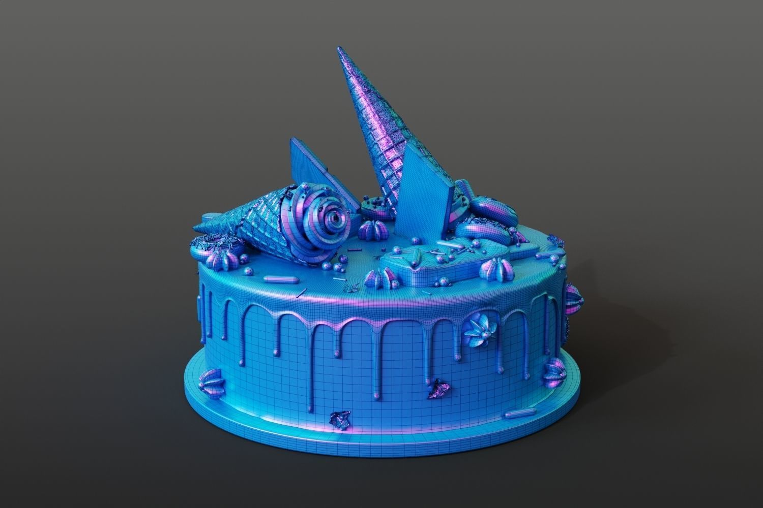 Birthday cake with donuts and ice cream cone 3D model_12