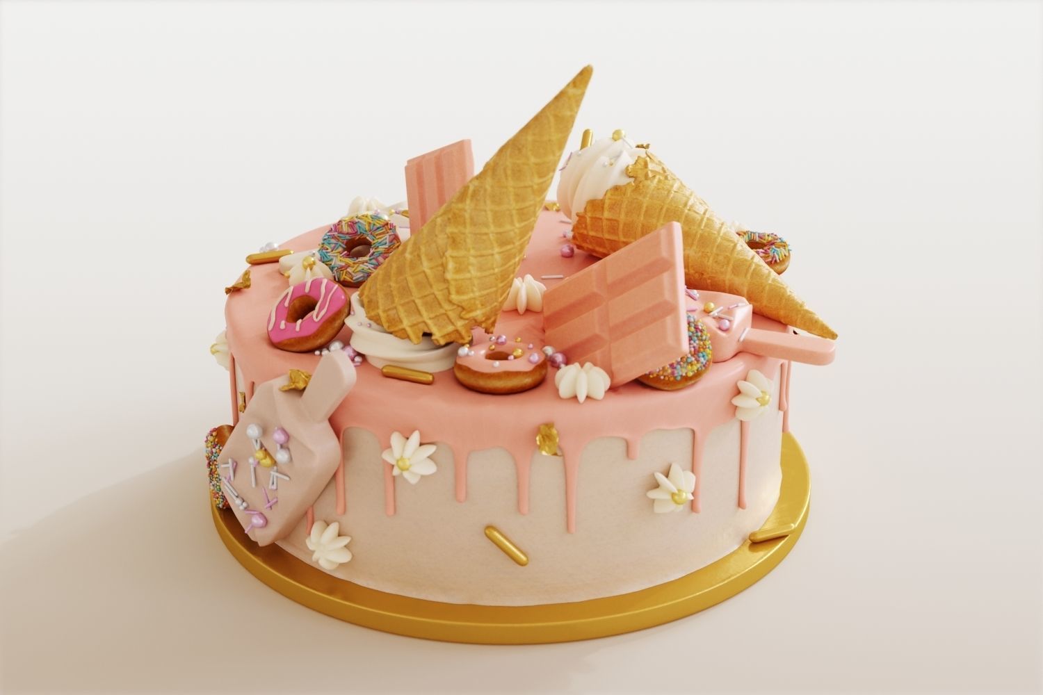 Birthday cake with donuts and ice cream cone 3D model_3
