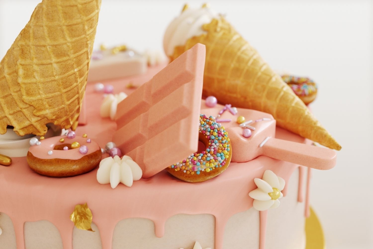 Birthday cake with donuts and ice cream cone 3D model_8
