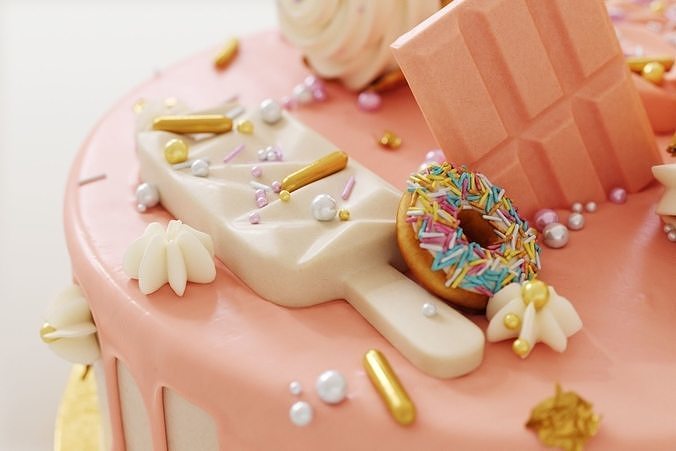 Birthday cake with donuts and ice cream cone 3D model 7