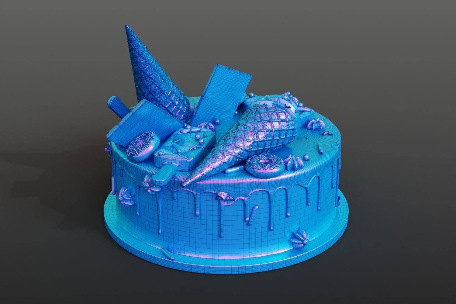 Birthday cake with donuts and ice cream cone 3D model_14