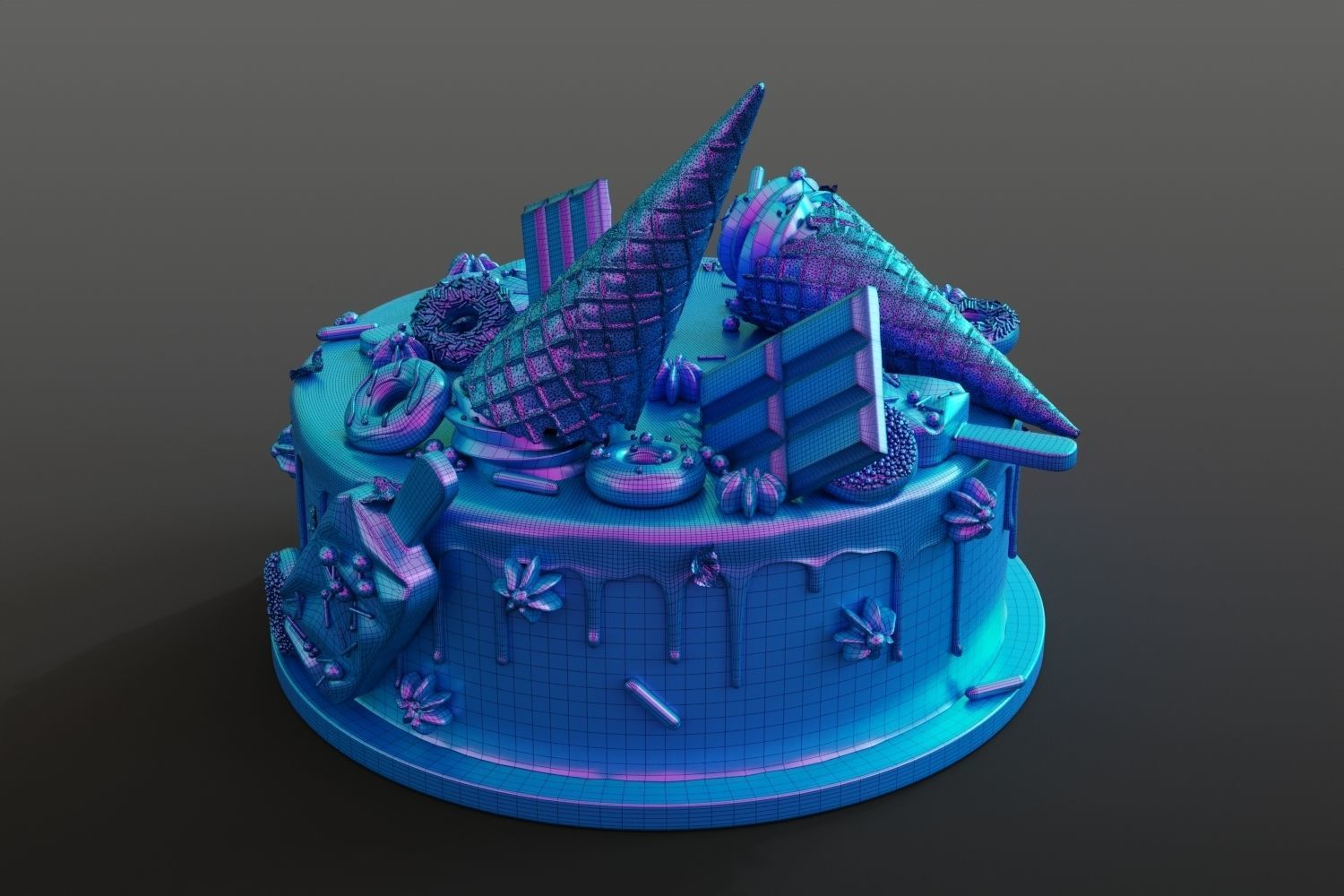 Birthday cake with donuts and ice cream cone 3D model_13