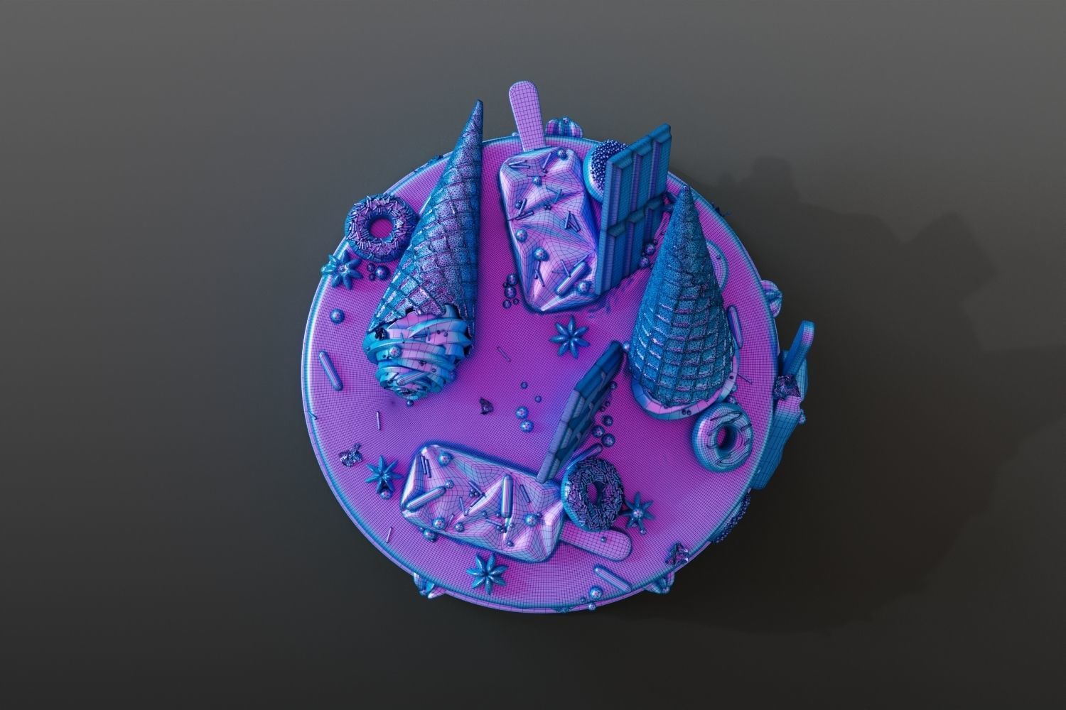 Birthday cake with donuts and ice cream cone 3D model_15