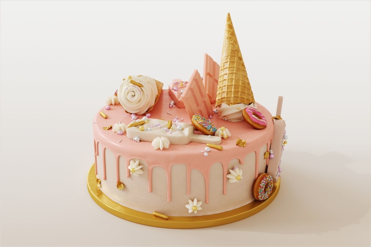 Birthday cake with donuts and ice cream cone 3D model_1
