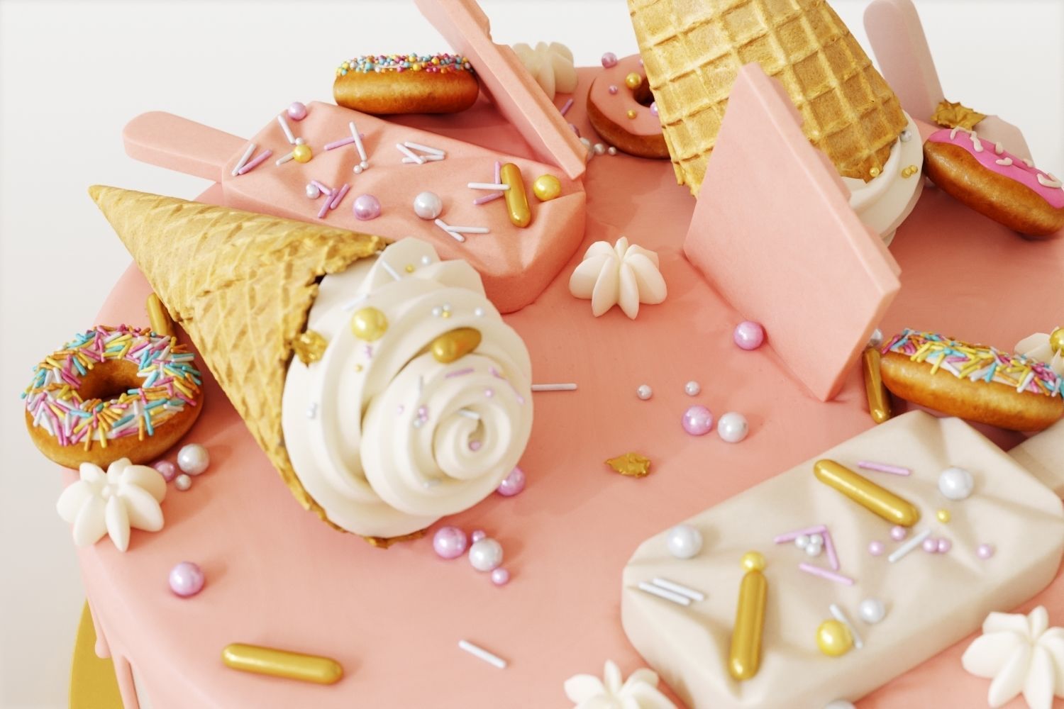 Birthday cake with donuts and ice cream cone 3D model_10