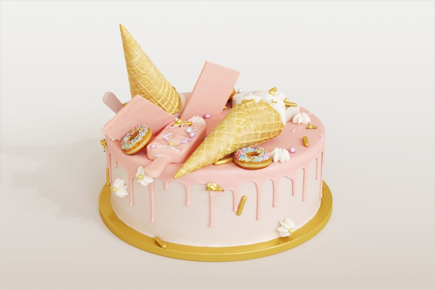 Birthday cake with donuts and ice cream cone 3D model_4