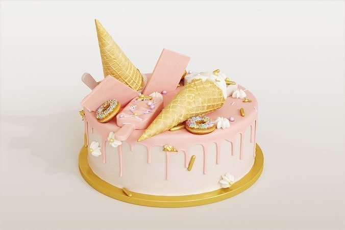 Birthday cake with donuts and ice cream cone 3D model 5