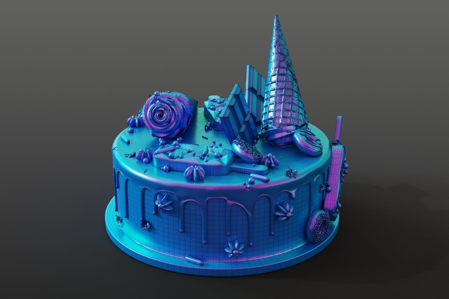 Birthday cake with donuts and ice cream cone 3D model_11