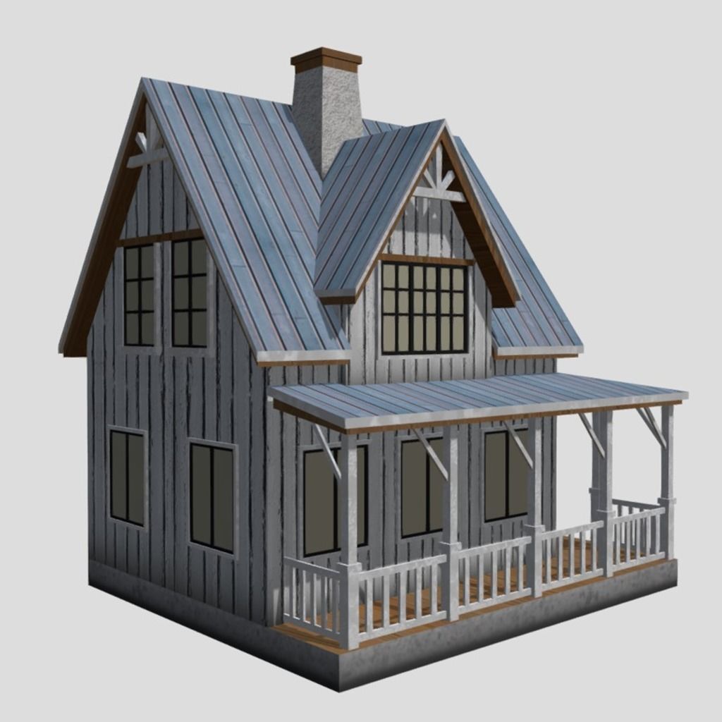 American Style Cottage - Town House Model Low-poly 3D model_1