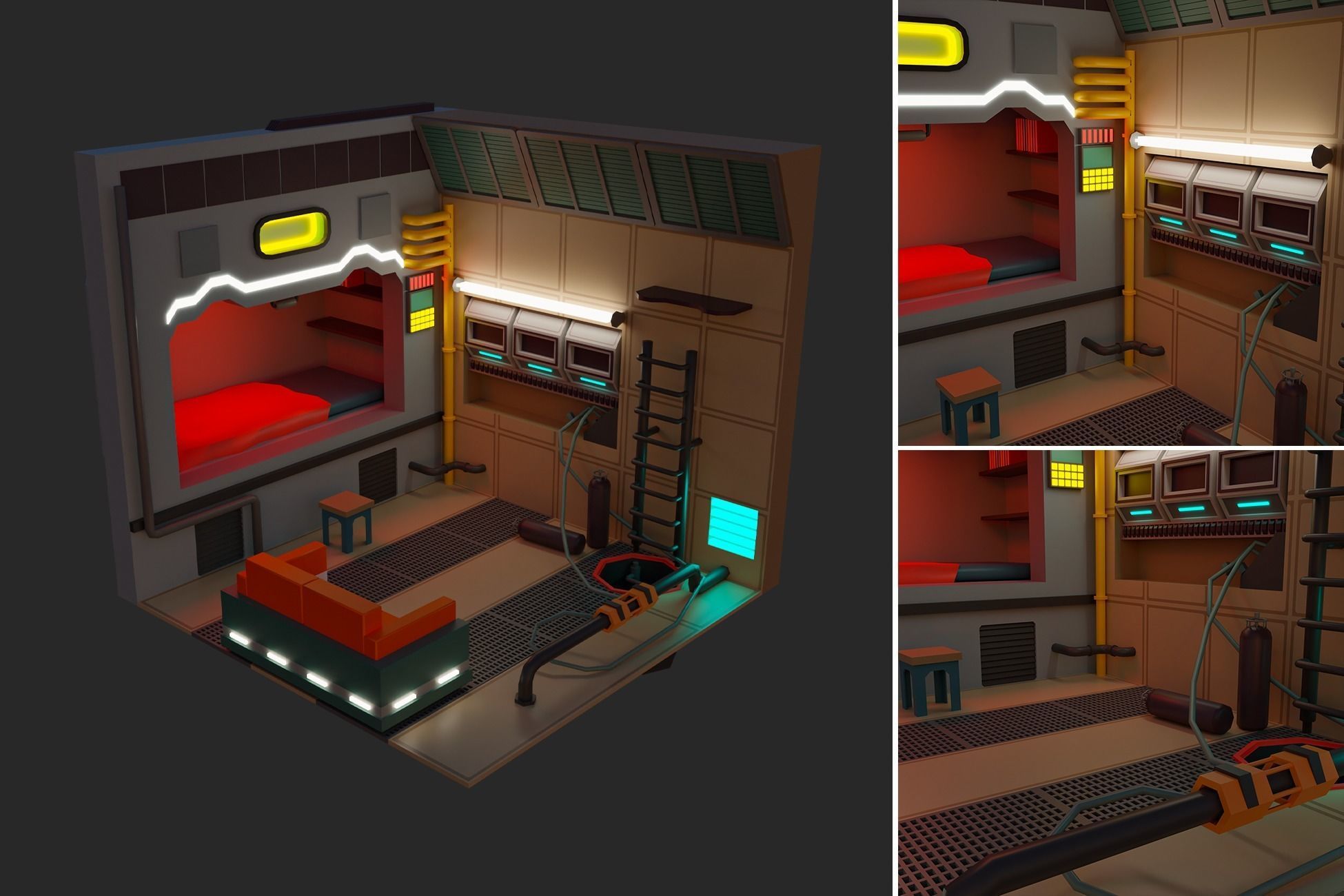 Low Polyt Sci-fi Rooms Interiors Low-poly 3D model_19