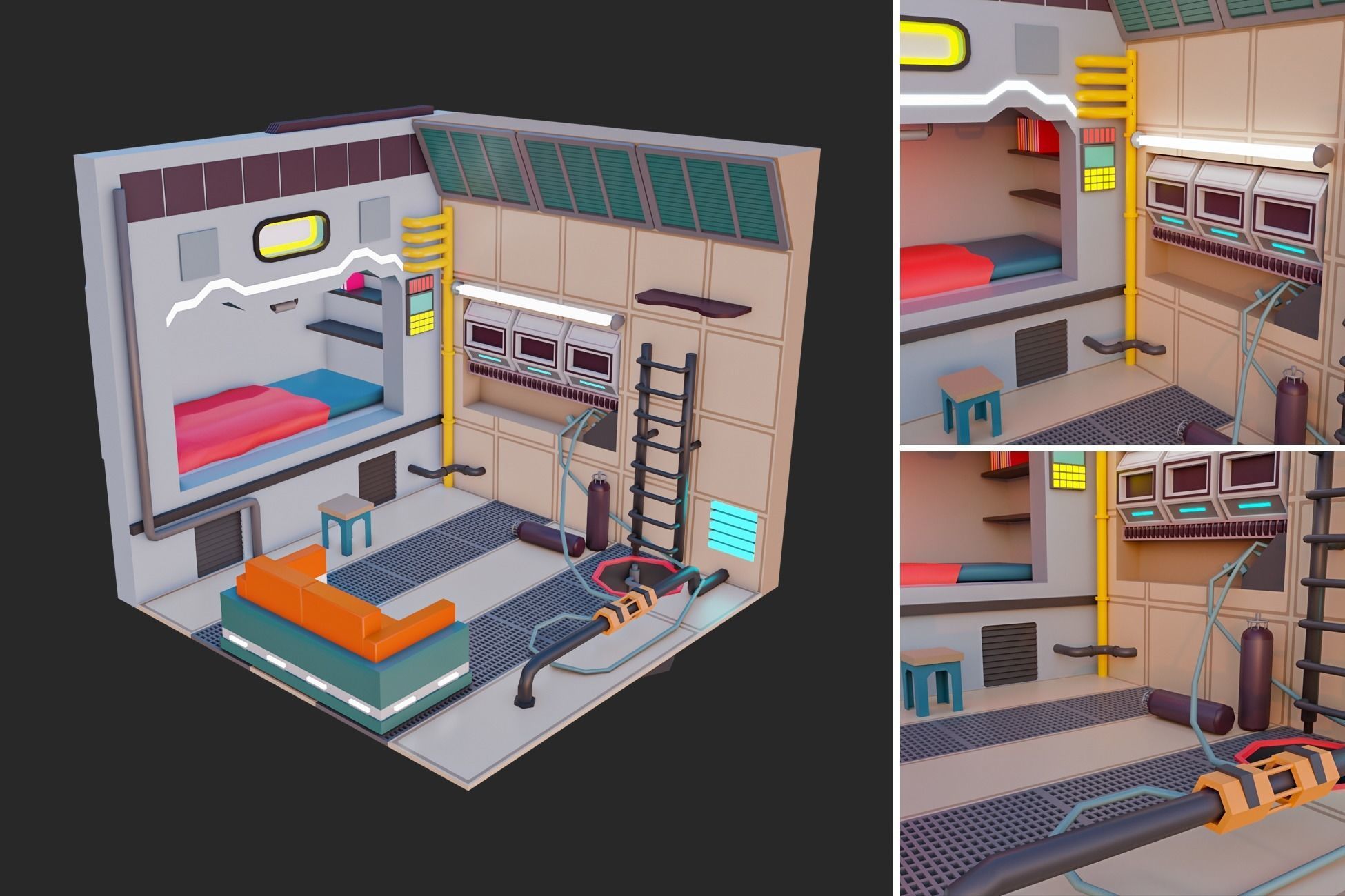 Low Polyt Sci-fi Rooms Interiors Low-poly 3D model_9