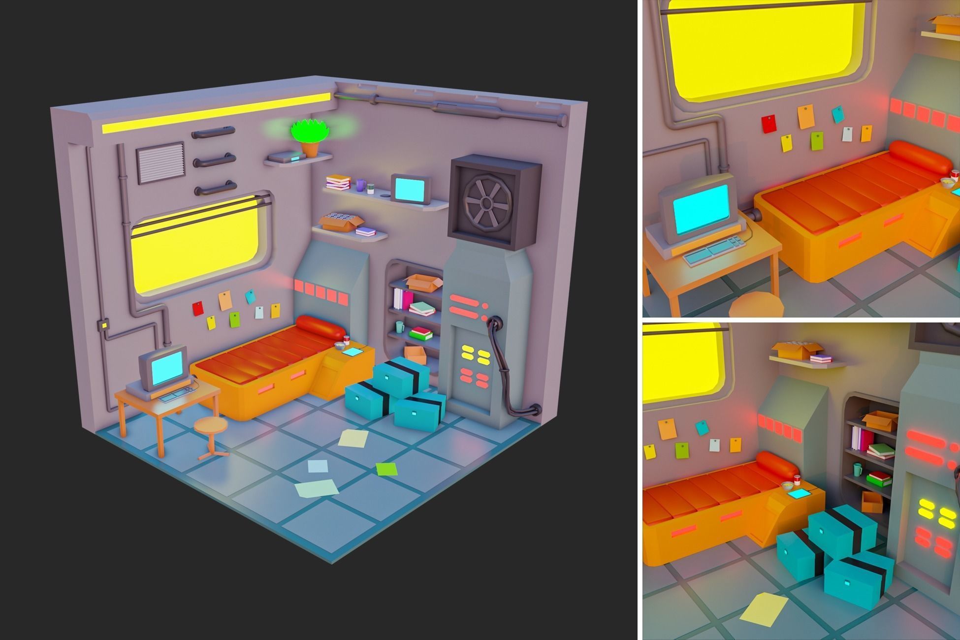 Low Polyt Sci-fi Rooms Interiors Low-poly 3D model_4