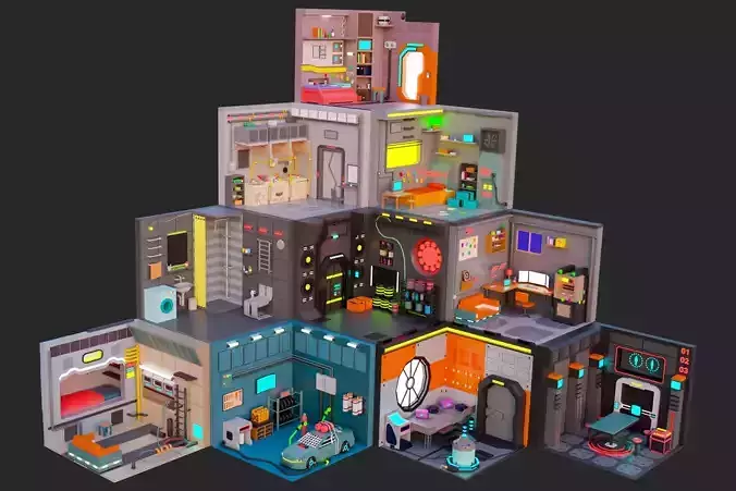Low Polyt Sci-fi Rooms Interiors Low-poly 3D model