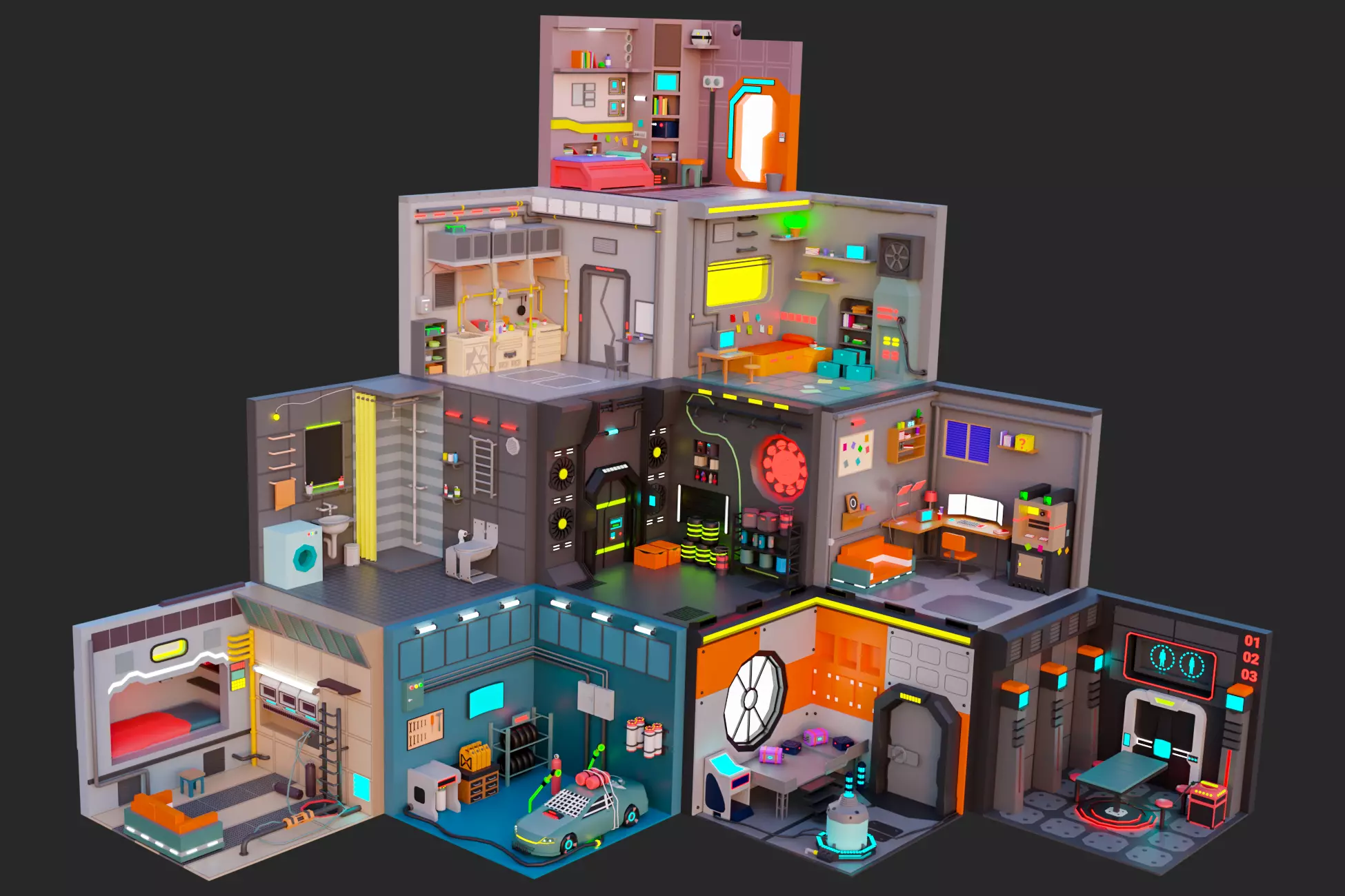 Low Polyt Sci-fi Rooms Interiors Low-poly 3D model_0