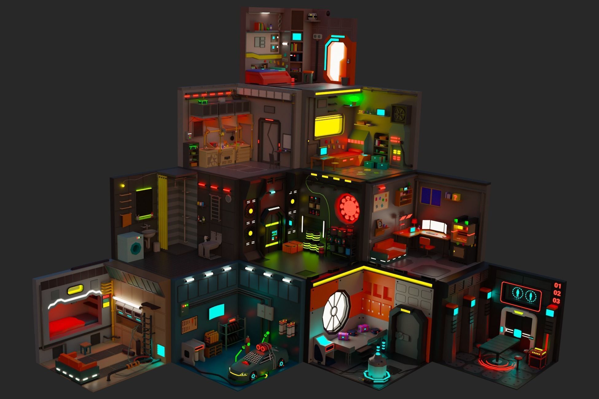 Low Polyt Sci-fi Rooms Interiors Low-poly 3D model_1