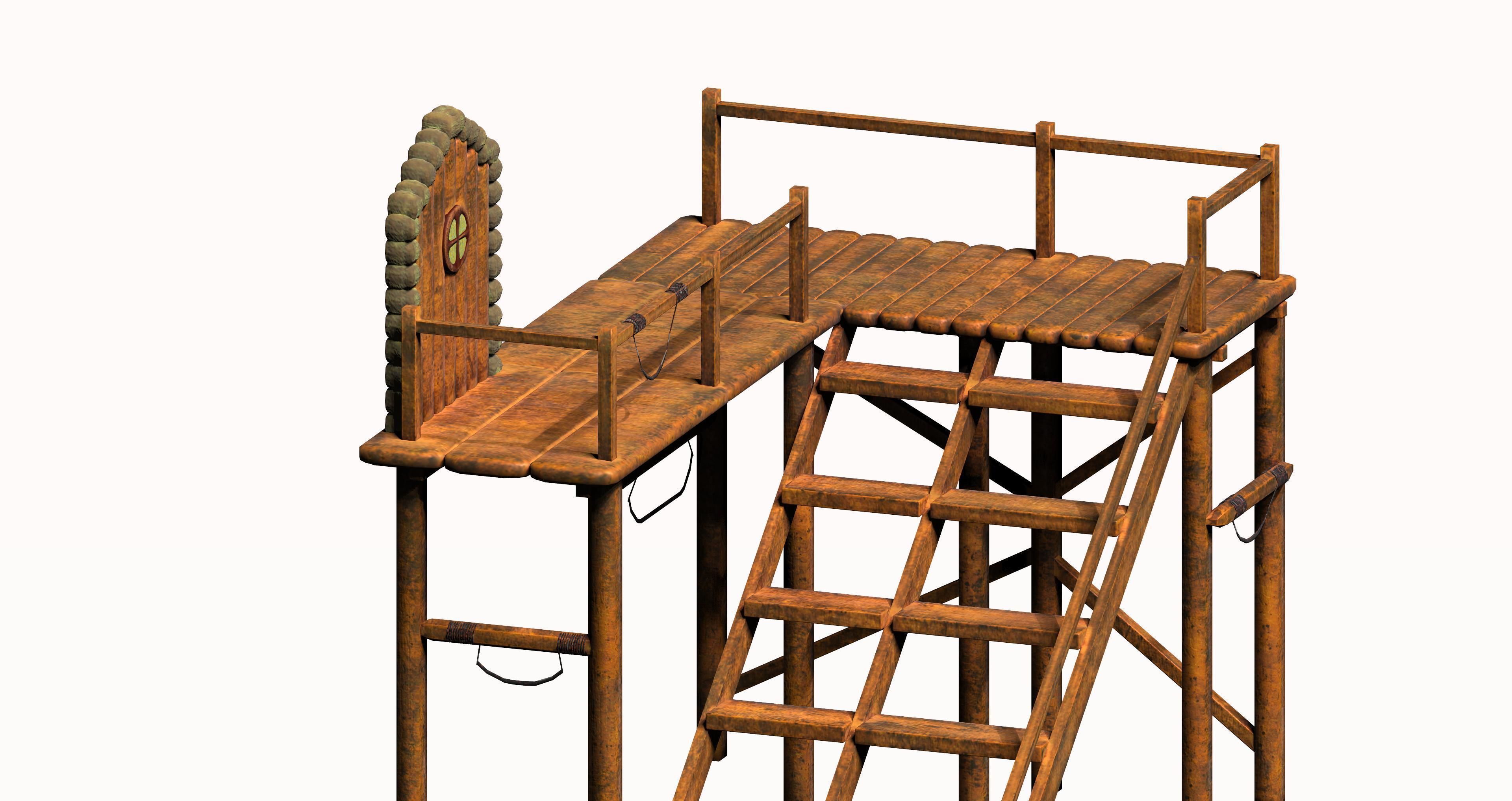 Wooden game asset entrance porch Low-poly 3D model_5