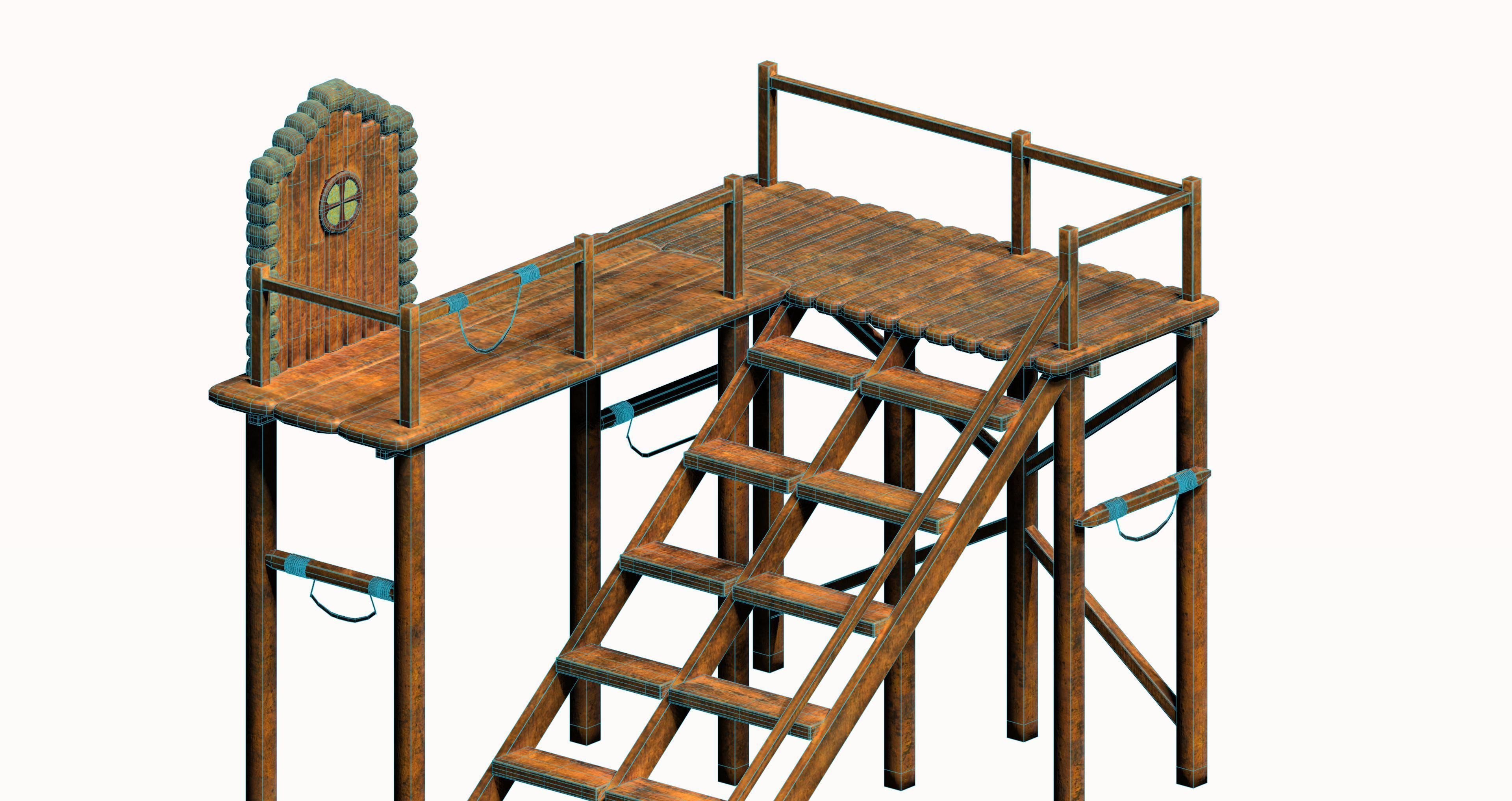 Wooden game asset entrance porch Low-poly 3D model_7