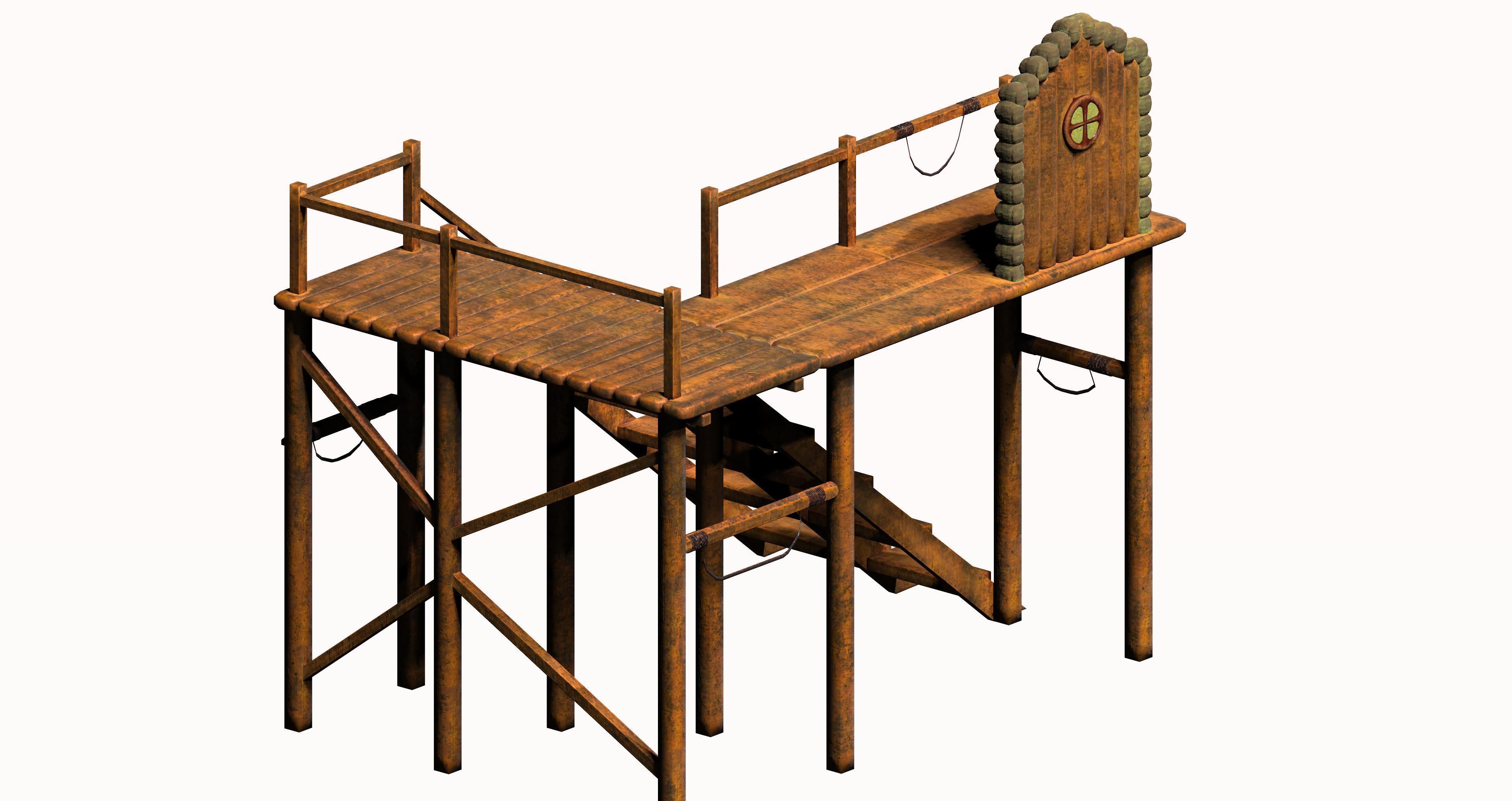 Wooden game asset entrance porch Low-poly 3D model_3