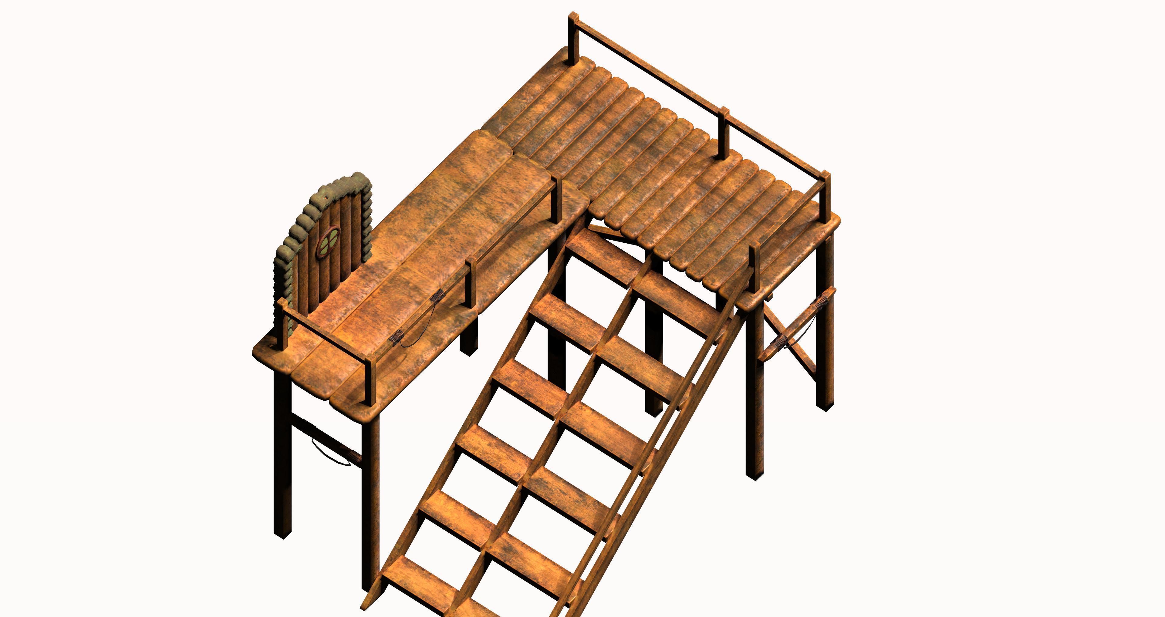 Wooden game asset entrance porch Low-poly 3D model_6