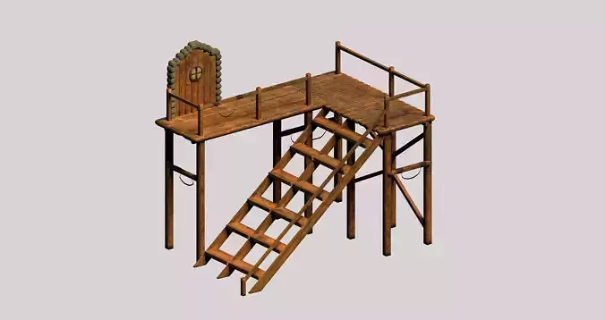Wooden game asset entrance porch Low-poly 3D model