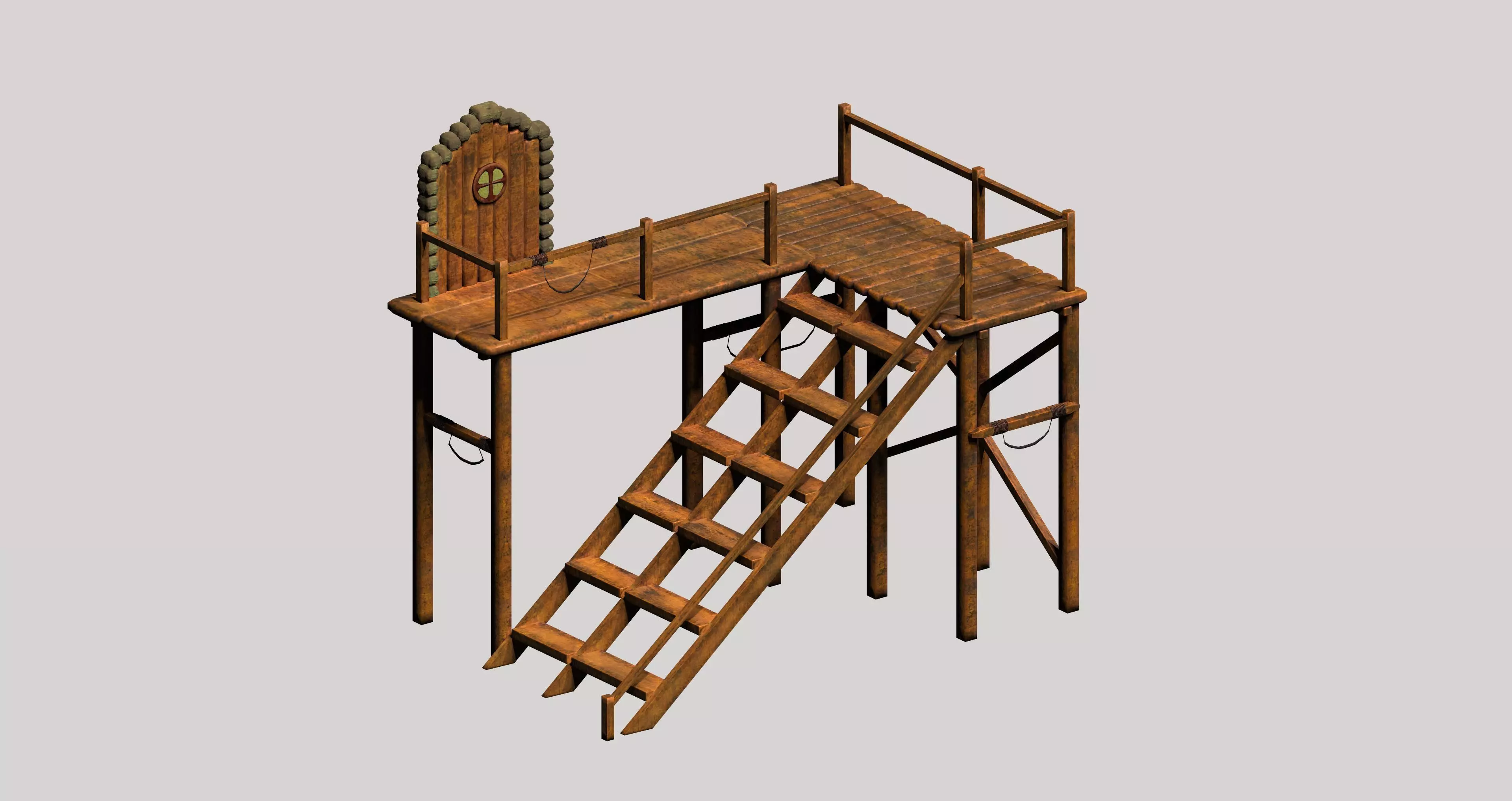 Wooden game asset entrance porch Low-poly 3D model_0