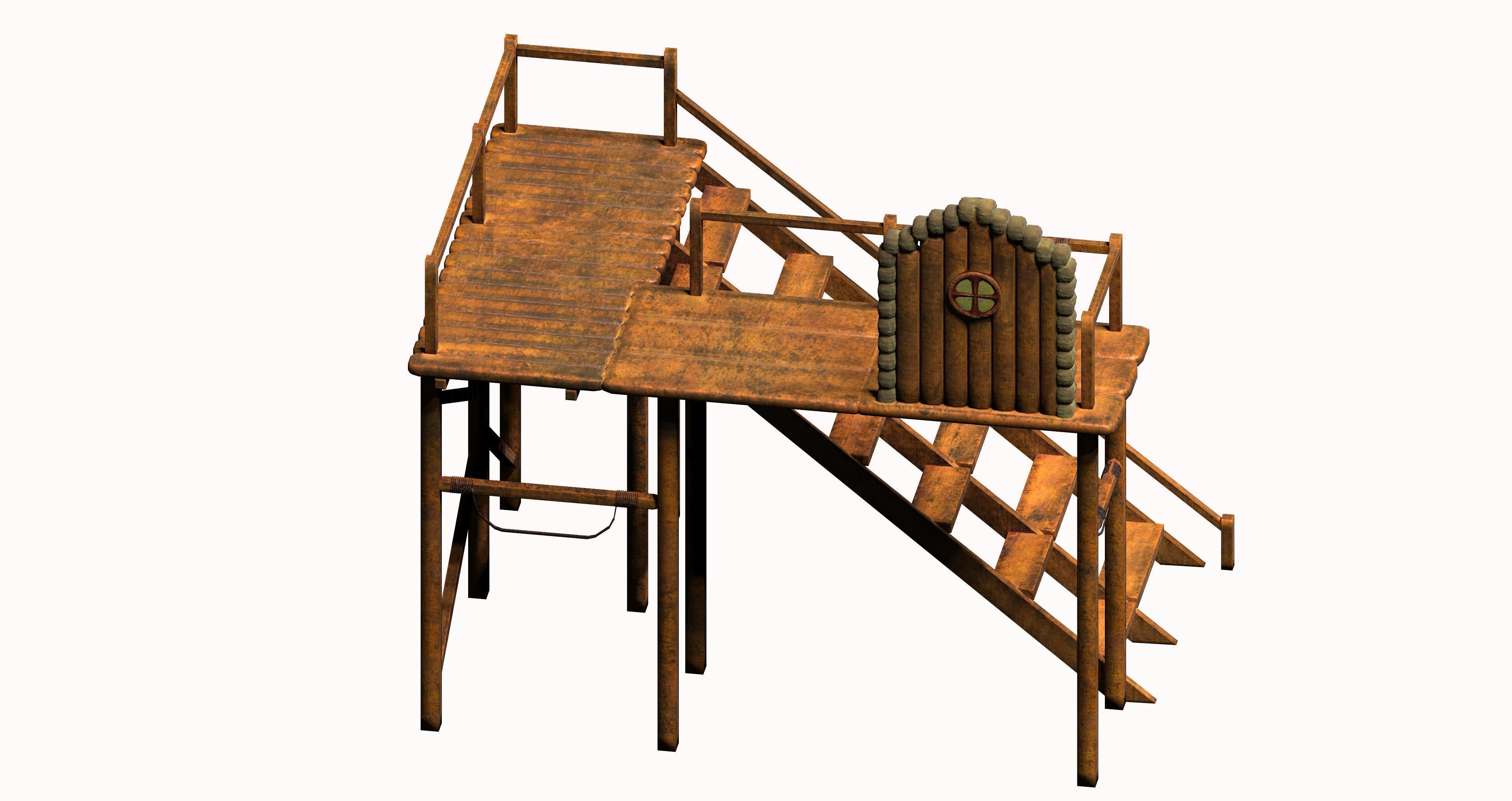 Wooden game asset entrance porch Low-poly 3D model_4