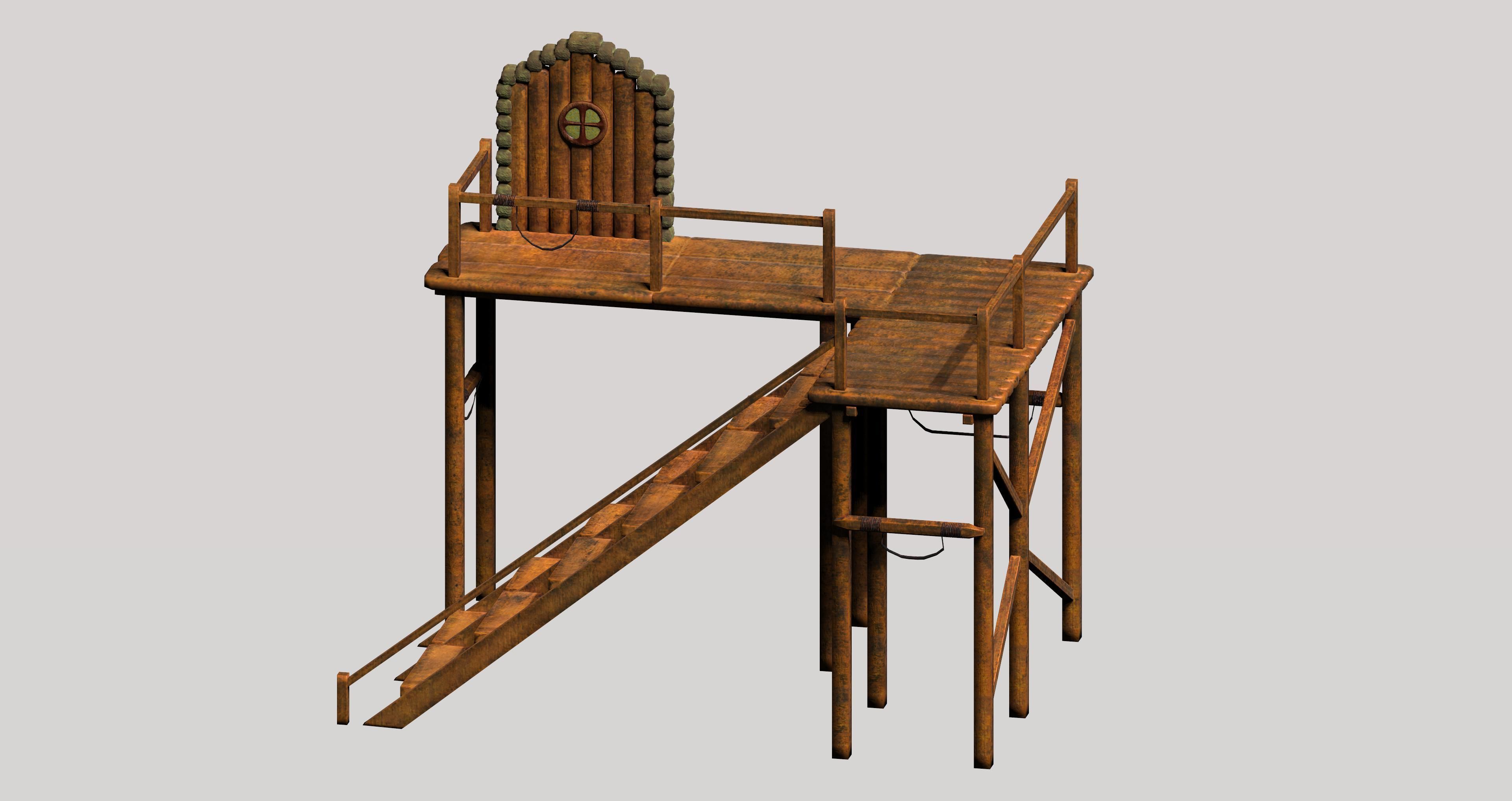 Wooden game asset entrance porch Low-poly 3D model_1