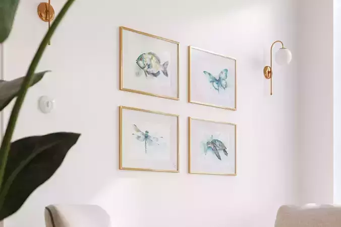 Set of watercolor paintings in frames