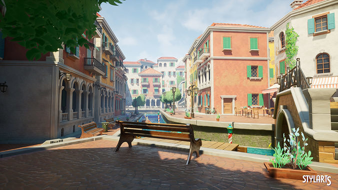 Stylized Italian Town Low-poly 3D model 2