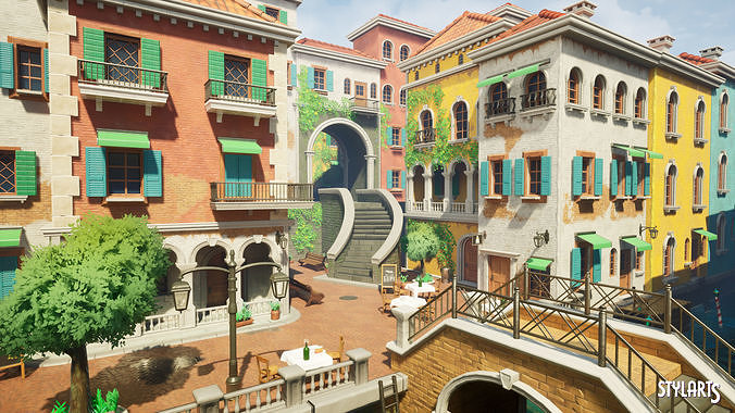 Stylized Italian Town Low-poly 3D model 3