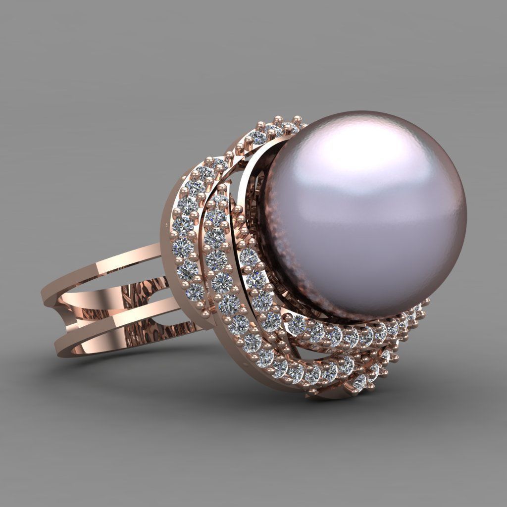 Pearl And Diamond Ring 3D Print Model 3D print model_2