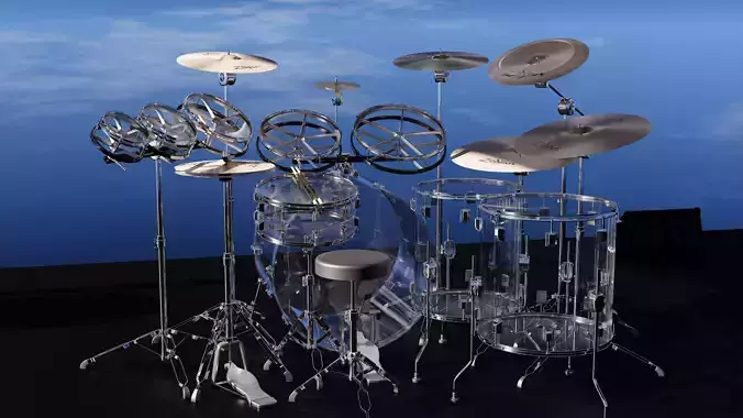 Drums Pearl Acrylic Full Set with Cymbals and Rototoms 3D model