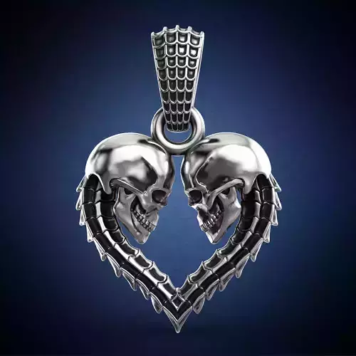 Pendant Stylized Gothic Heart with Skulls and Spine