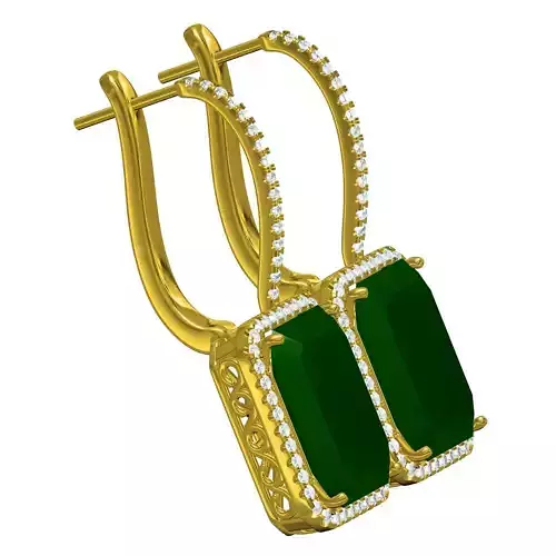 Green Emerald Diamond Halo Micro Prong Setting Hoop Earring