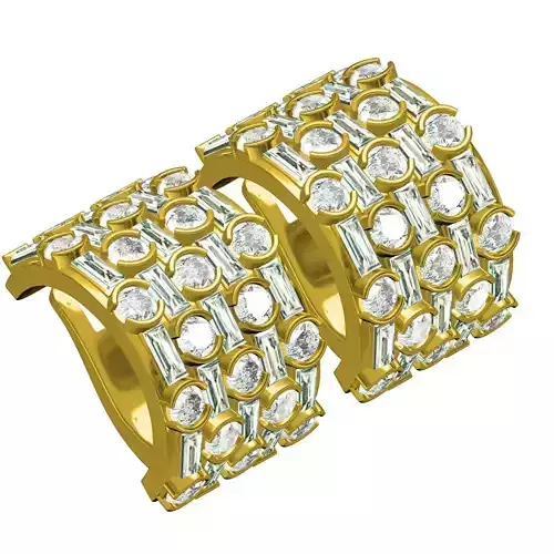 Antique Round and Baguette Diamond Half Bezel Hoop Earring