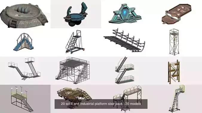 20 sci-fi and industrial platform stair pack 3D Model Collection