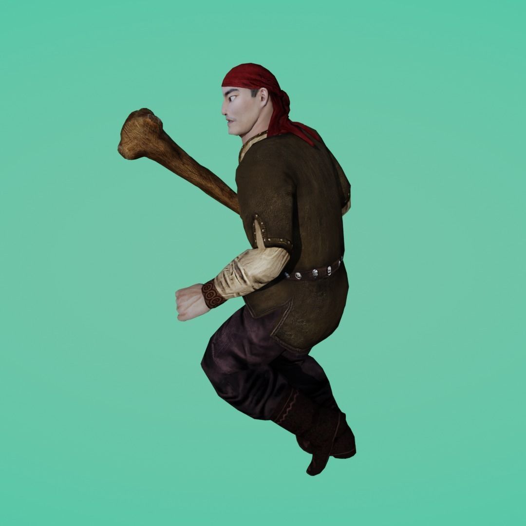 Kambar Batyr with Cudgel Character Animated Low-poly 3D model_4