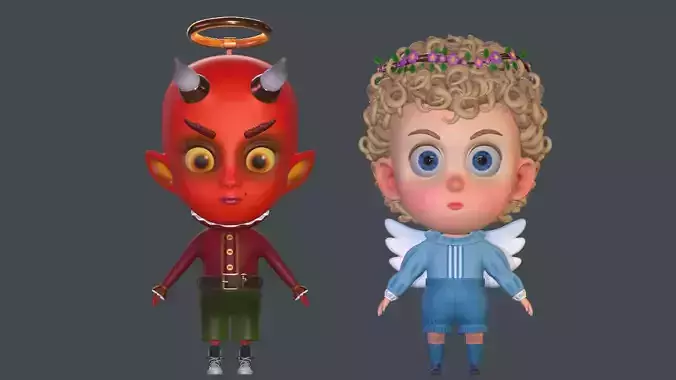Cartoon angel and little devil