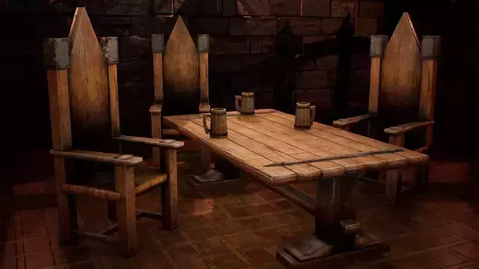 Medieval Chairs and Tables Broken Variations Low-poly 3D model