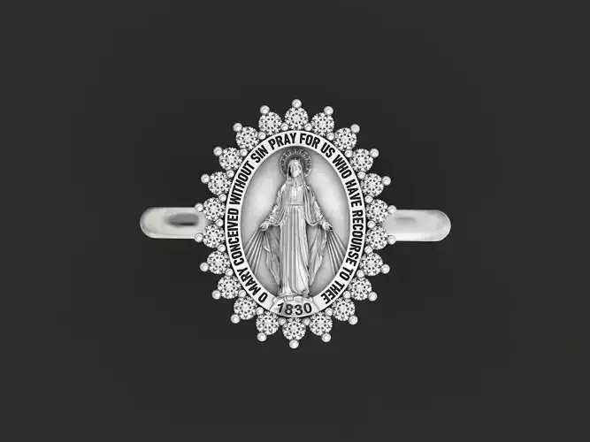 ring Mary Mother of God Miraculous Medal with Words Hollow Oval