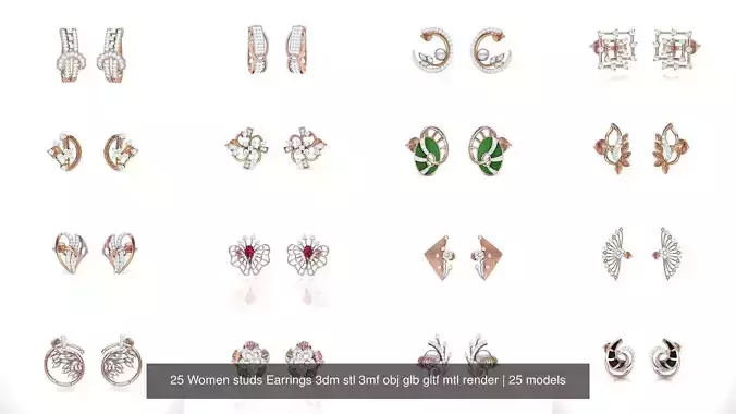 25 Women studs Earrings 3dm stl 3mf obj glb gltf mtl render 3D Model Collection