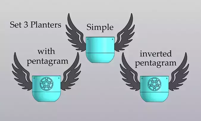 Set 3 Hanging Planters Angel wings with or without pentagram 3D print model