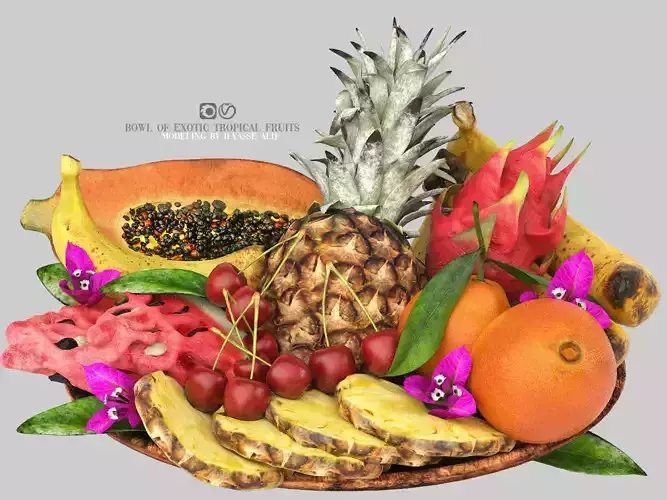 bowl of exotic tropical fruits 3D model