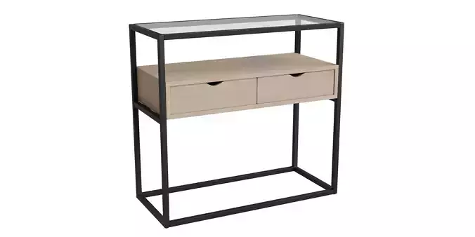 Black Metal Wooden Drawer Table With Top Glass
