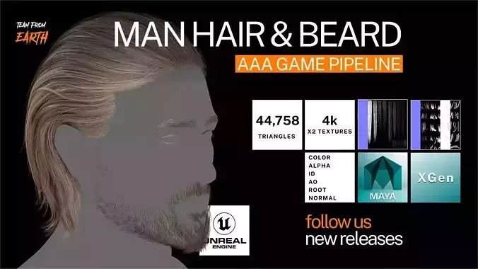 Game ready middle length hairstyle male with short beard Low-poly 3D model