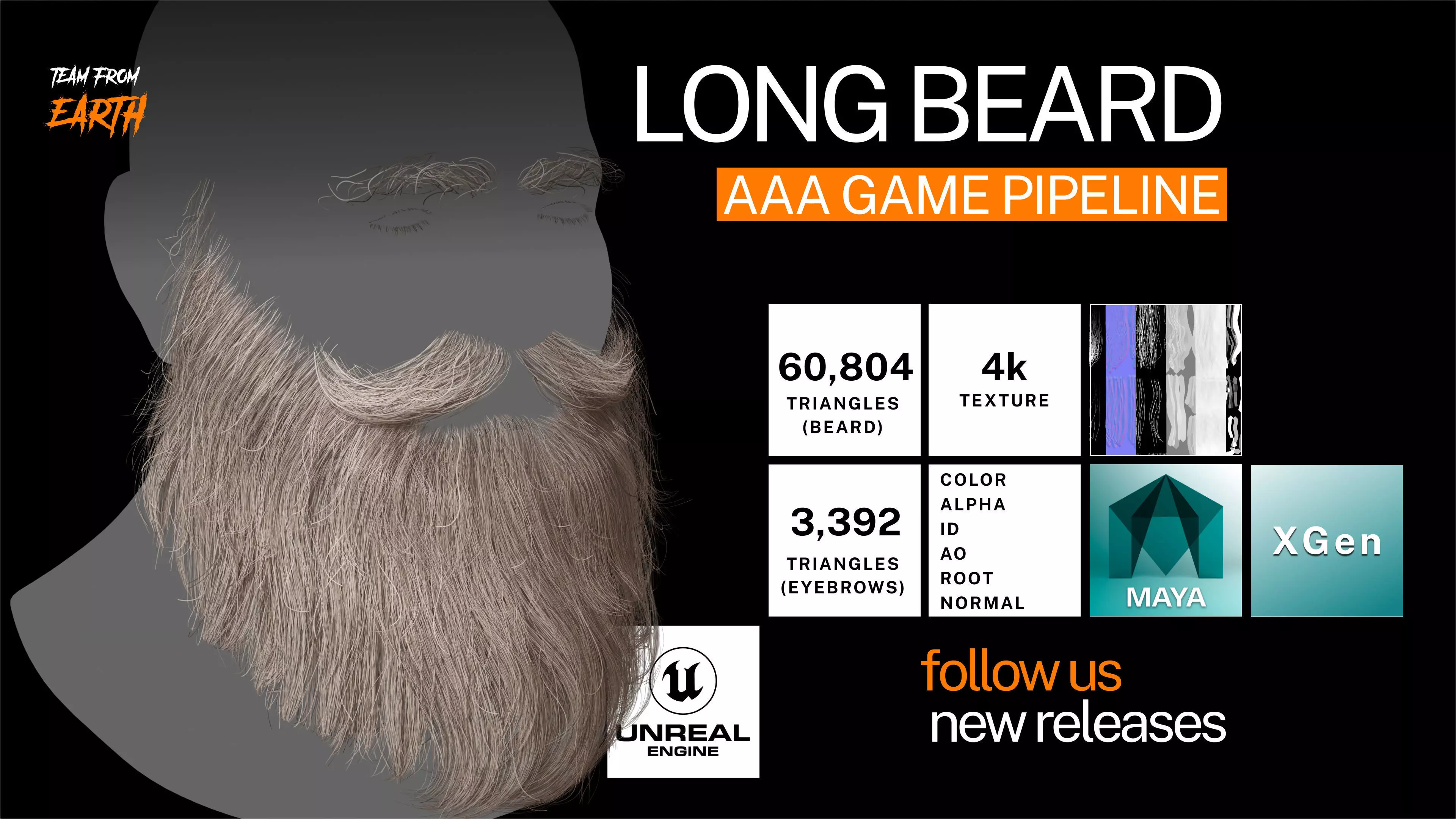 Real-time long beard XGen Low-poly 3D model